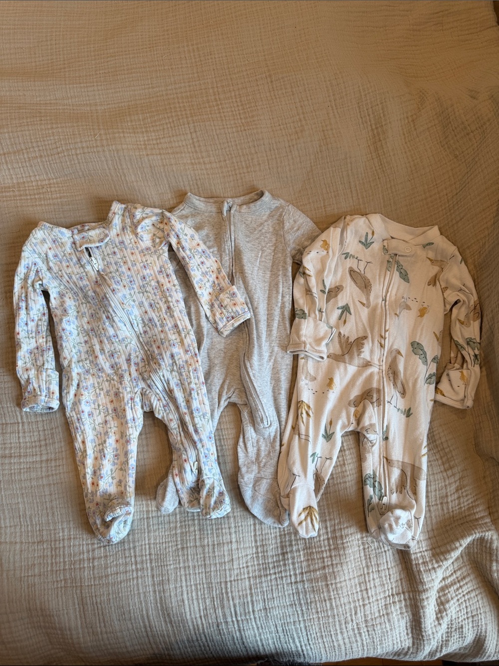 Neutral & floral Baby One-Piece Footed Pajamas - 3-Pack